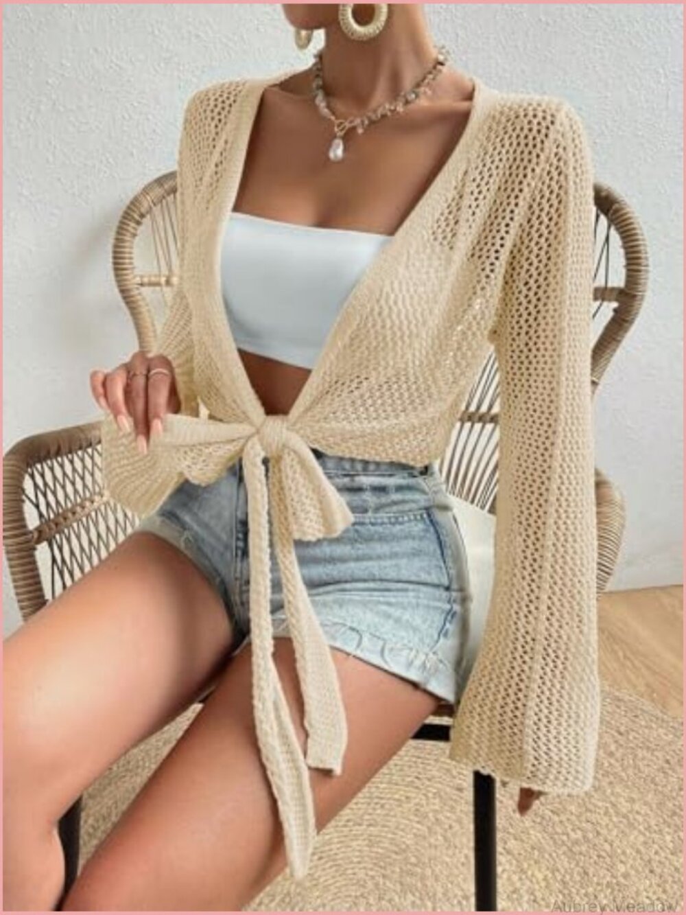 Hollow Out Tie Front Cardigan Summer Crop Flare Sleeve Crochet Bolero Top - Picture 4 of 5